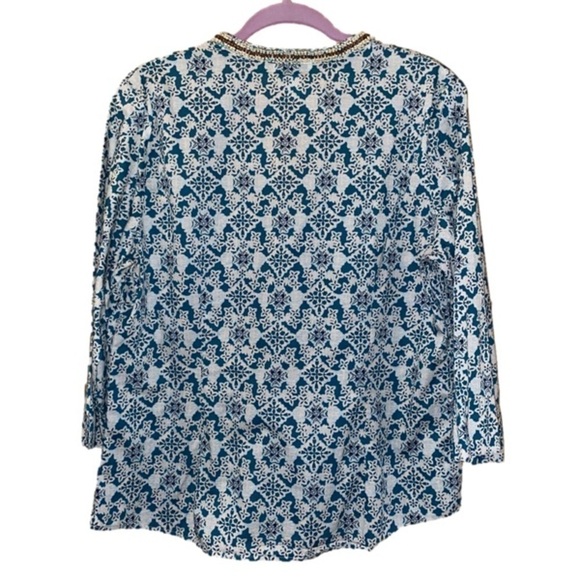 Talbots Bohemian Medallion Print Blouse Large Wood Beaded Collar - Picture 2 of 11